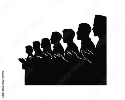 Black silhouette of a group of men and a boy praying in unison with hands raised in supplication on a white background