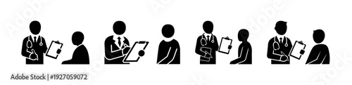 Series of simplified icons depicting a doctor examining a patient, showing interaction and medical consultation with medical instruments