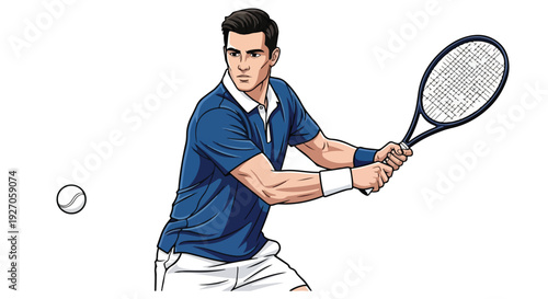 Illustration of a male tennis player swinging a racket to hit a ball with a blue shirt and white shorts on a plain white background.