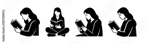 Vector silhouettes of women immersed in books, representing education, literature, knowledge, and thoughtful relaxation in a simple, graphic style