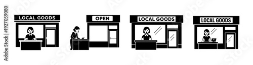 Set of black and white vector icons illustrating various local goods shops and small businesses with people working, perfect for community commerce themes and retail design projects
