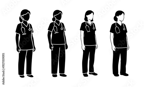 Diverse group of medical professionals in uniform with stethoscopes, representing healthcare and medical careers