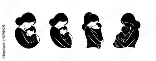 Illustrations of mothers tenderly holding their babies in different embracing poses, celebrating the bond of motherhood