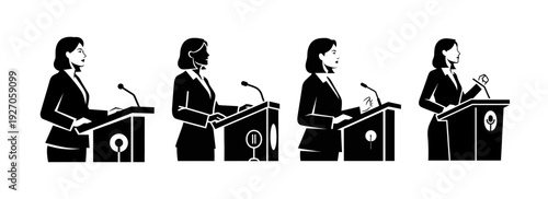 Four women in suits speaking at podiums, illustrating public speaking and formal presentations
