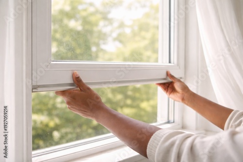 Open window for house ventilation with hands adjusting frame, background
