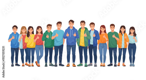 Diverse group of people standing in a line giving thumbs up on a white background with colorful casual clothing.