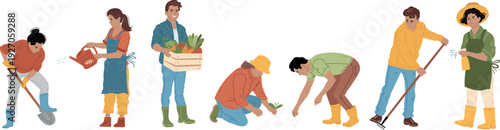 Vector set of people working in the garden. A flat illustration perfect for gardening, nature, or lifestyle themes.