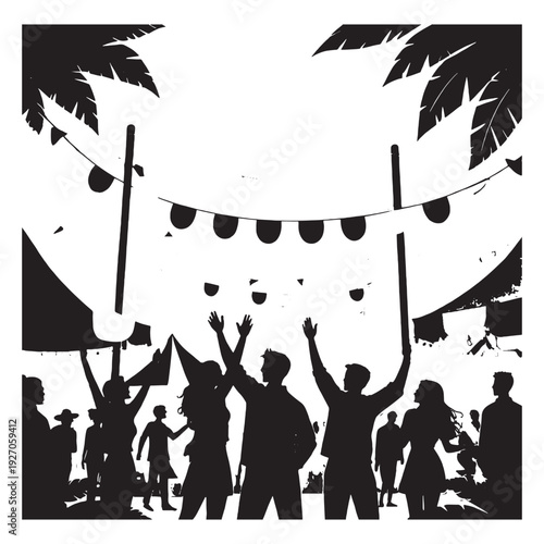 Group of friends celebrating outdoors with festive decorations People celebrating with raised hands under festive bunting and stars