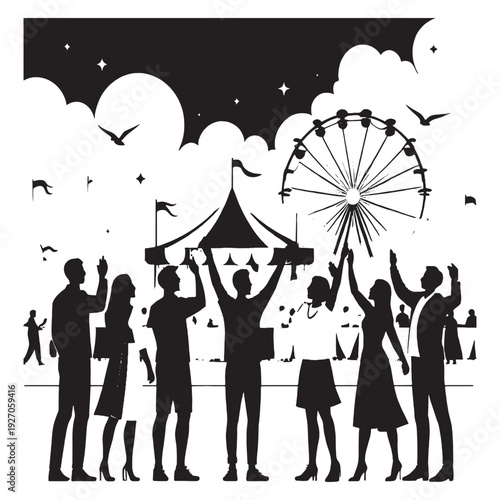 Group of friends celebrating outdoors with festive decorations People celebrating with raised hands under festive bunting and stars