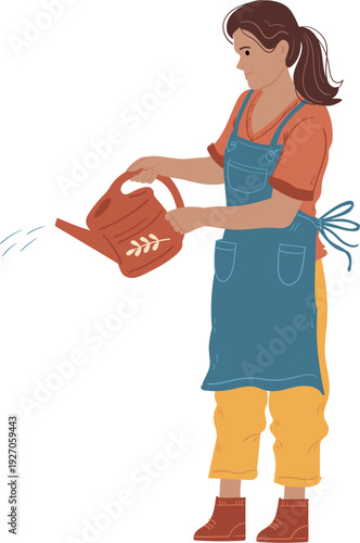 Vector image of a woman pouring water from a watering can. A flat illustration perfect for gardening, nature, or lifestyle themes.