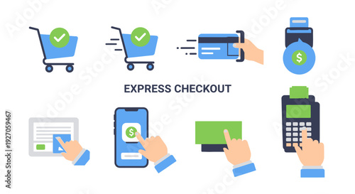 Express Checkout and Digital Payment Icons Set. Fast E-commerce Transaction Process, Mobile Banking, Credit Card, and POS Terminal Concepts.