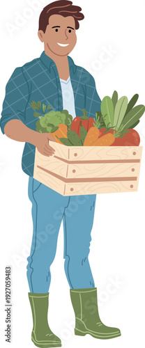 Vector illustration of a young man holding a box with vegetables. A flat illustration perfect for gardening, market or lifestyle themes.