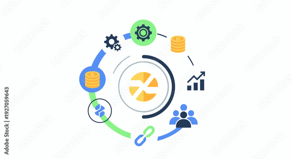 Fototapeta premium Circular Business Process Workflow Diagram. Strategy, Finance, Growth, and Integration Concept Illustration.