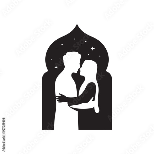 Silhouette of a loving couple embracing under a starry night sky within an arched window frame Keywords: couple, love, embrace