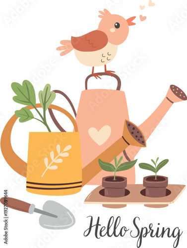 A minimalist card with a bird, leaves, and a watering can. A greeting card template for creating a spring mood. An invitation for the spring season.