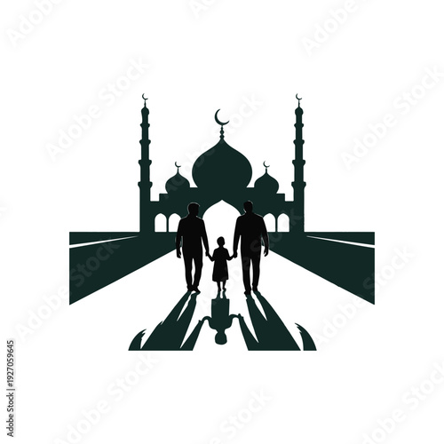 Silhouettes of two fathers and a child walking towards a mosque with minarets