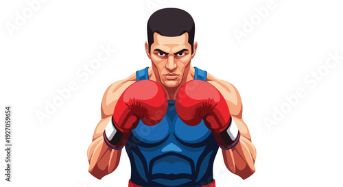 Illustration of a muscular cartoon man with a determined expression wearing a red and blue sleeveless top against a plain white background.