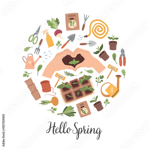 A minimalist card with gardening items in a circle shape. A greeting card template for creating a spring mood. An invitation for the spring season.