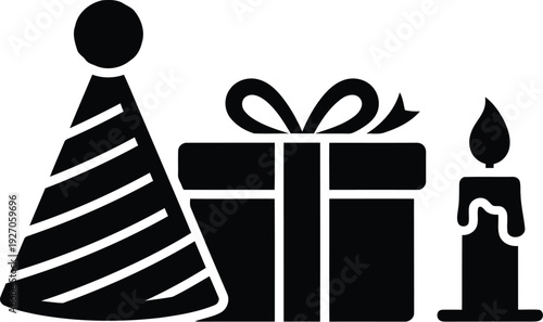 Black party hat gift and candle icons on for birthday vector illustration