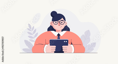 Friendly woman in coral top and glasses smiles holding tablet, with plants