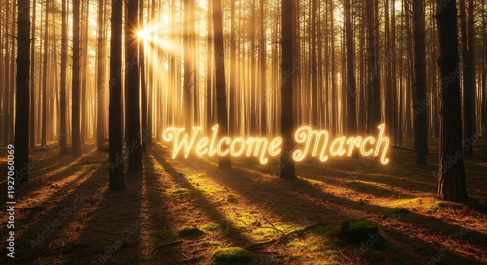 Obraz premium Welcome March spring forest sunlight golden rays nature greeting card warm glow