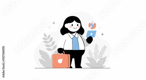 Stylized person in business attire holding a tablet and briefcase with decorative plants in background