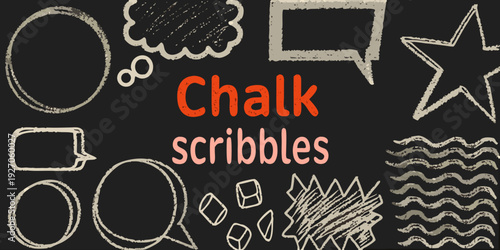 Chalkboard doodles featuring shapes speech bubbles and scribbles
