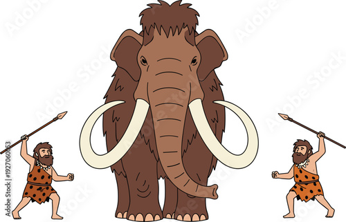 Cavemen Hunting Mammoth with Spears in Prehistoric Scene Illustration