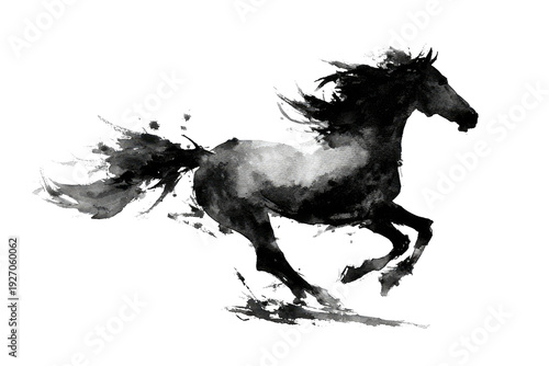 A monochrome illustration of a galloping horse, rendered in a watercolor/ink wash style