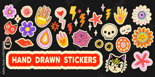 Colorful hand drawn stickers featuring hearts flowers skulls and playful designs