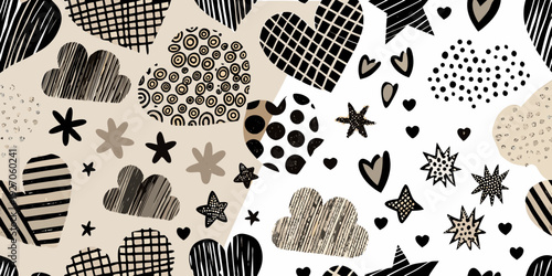 Whimsical hand drawn pattern featuring hearts stars and cloud shapes