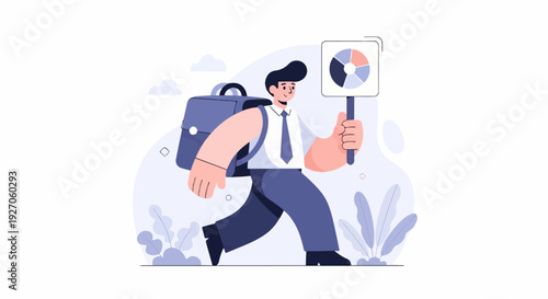 A businessman with a backpack holding a pie chart sign while walking