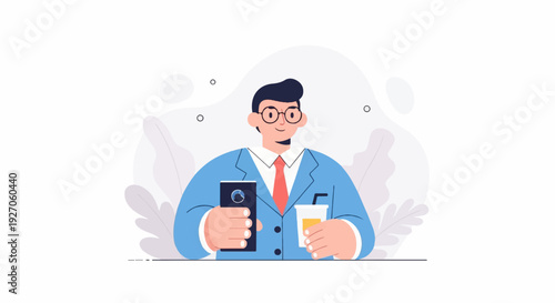 Cheerful man in blue suit with tie, holding phone and drink