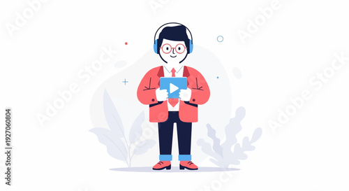 Cheerful person in headphones holds a blue play button interface