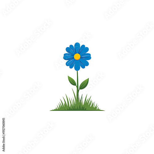 A cartoonish blue flower with a yellow center, growing out of green grass, set on black