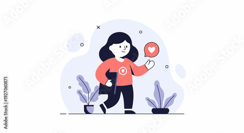 A happy person walks with a book, plants surround