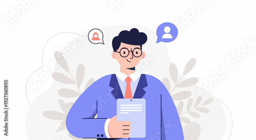 Wallpaper Mural A man in a suit and tie holds a tablet, with speech bubbles indicating communication Torontodigital.ca