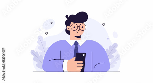 Modern illustration of a man in a suit and glasses holding a smartphone, with abstract shapes and leaves