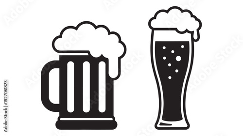 Minimalist Black Vector Silhouette of a Foamy Beer Mug and Tall Ale Glass Isolated on White Background
