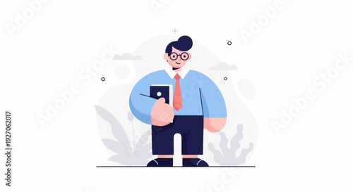 A stylized illustration shows a person in professional attire holding a book