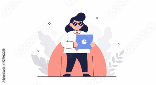 A person in sunglasses holds a tablet showing a pie chart