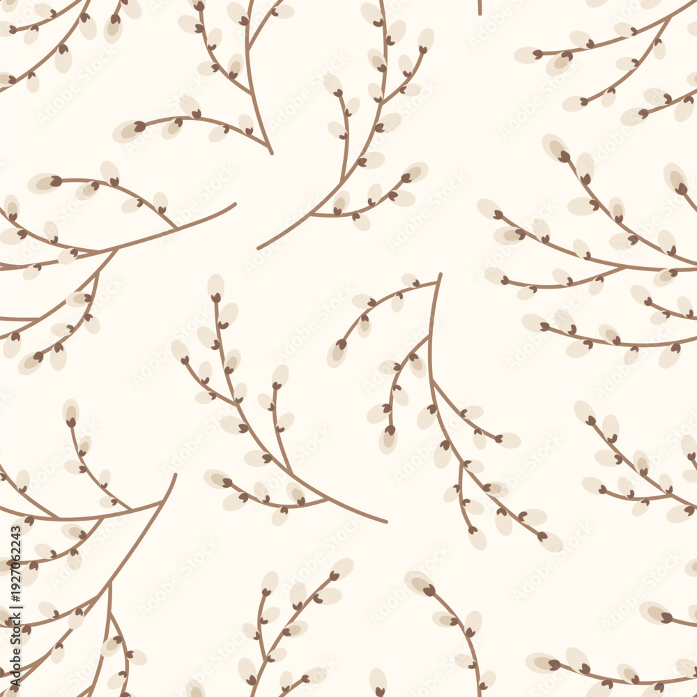 Fototapeta premium Vector seamless pattern with spring willow branches with fluffy buds on light background in flat style. Hand drawn floral nature illustration of tree branch.