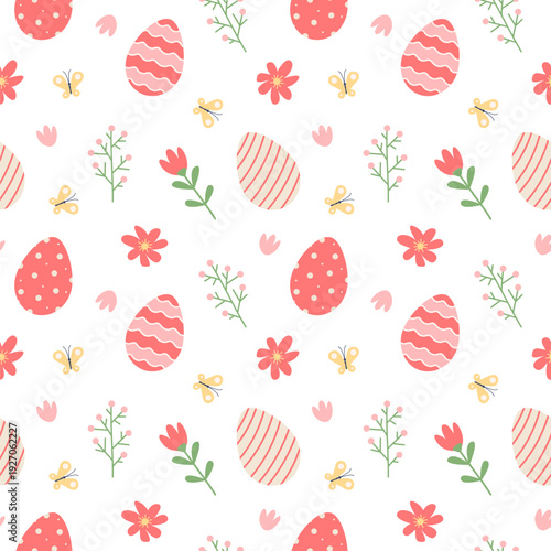 Flat seamless Easter pattern in red colors with decorative eggs, floral and butterflies vector illustrations on white background