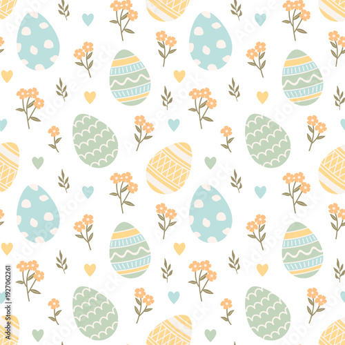 Flat seamless Easter pattern in yellow, blue and green pastel colors with colorful decorative eggs, orange flowers, hearts elements on white background