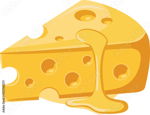 Cartoon vector illustration of Swiss cheese wedge with holes and melted dripping cheese, food design element symbolizing dairy, culinary, and cooking