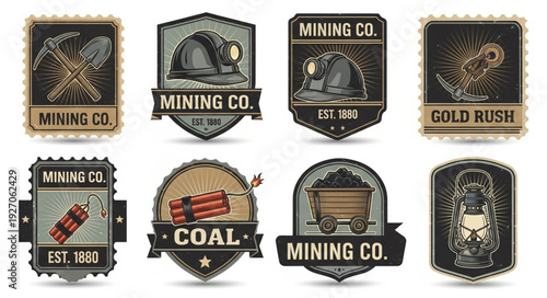 Collection of vintage mining company badges and emblems with various designs and elements.