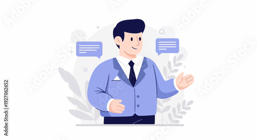 A smiling businessman in a suit, with speech bubbles, gesturing with his hands