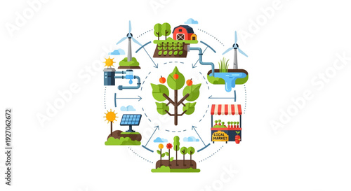 Circular Economy Sustainable Agriculture Diagram. Renewable Energy, Organic Farming & Local Market Cycle Illustration.