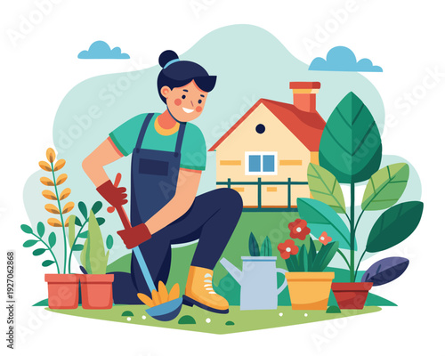 A woman gardening in a yard near a house
