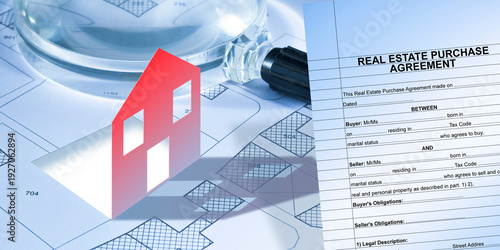 REAL ESTATE PURCHASE AGREEMENT CONCEPT WITH IMAGINARY CADASTRAL MAP, RESIDENTIAL HOME ICON AND MAGNIFYING GLASS, SYMBOL OF PROPERTY ANALYSIS, CONTRACT REVIEW AND REAL ESTATE INVESTMENT